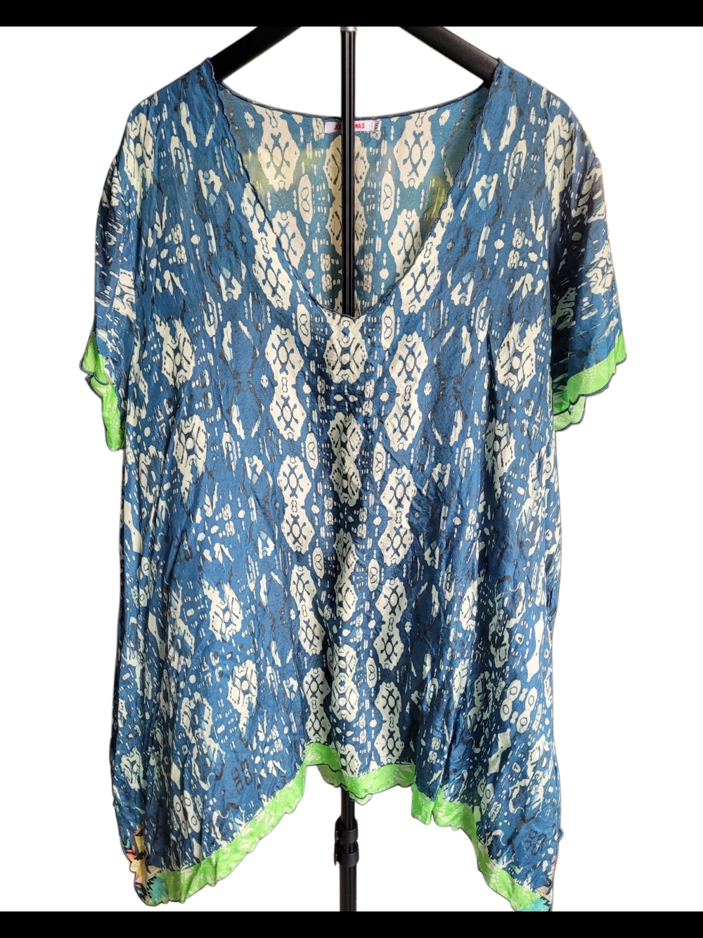 Johnny Was Blue Printed 100% Silk Tunic with Lime Trim
